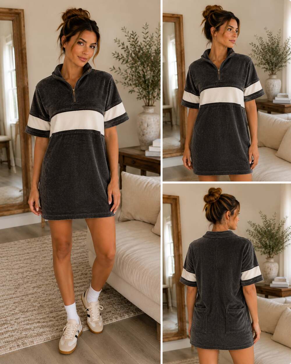 POL Sporty Charcoal Velvet Colorblock Quarter-Zip Mini Dress